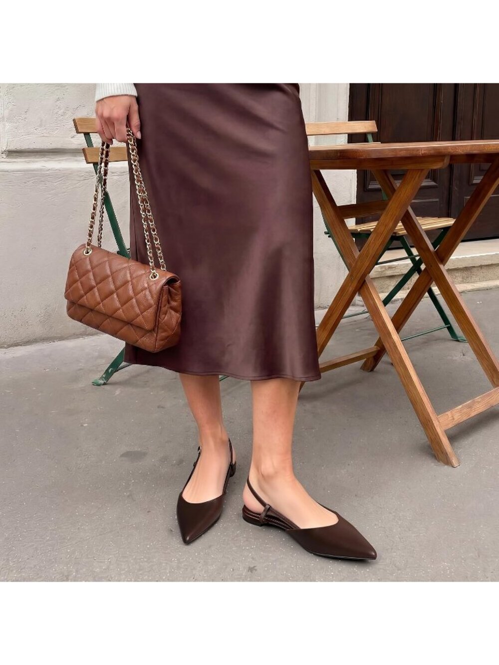 Women's Brown Pointed Toe Slingback Faux Leather Buckle Strap Ballet Flats - Picture 3 of 7